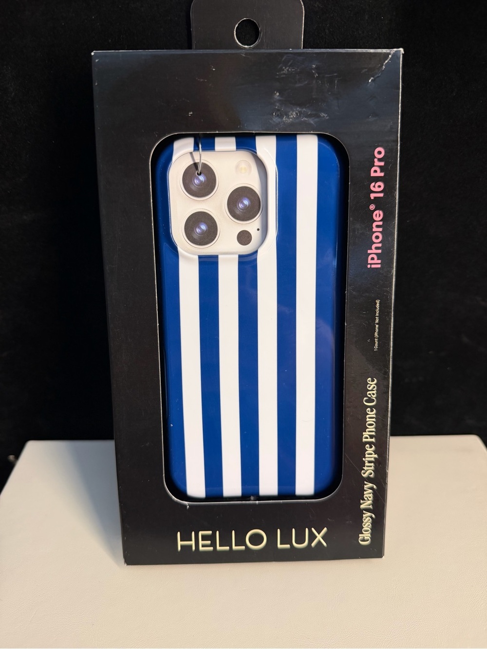 NIB Hello Lux iPhone 16 Pro Case Glossy Navy Stripe MagSafe NWT
